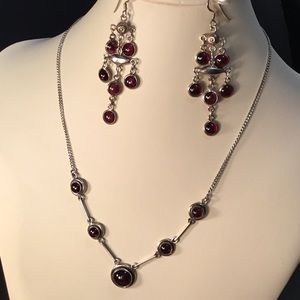 STERLING & GARNET RED NECKLACE W/EARRINGS SET